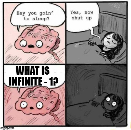 Brain Sleep Meme | WHAT IS INFINITE - 1? | image tagged in brain sleep meme | made w/ Imgflip meme maker