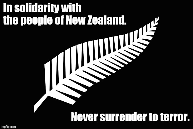 New Zealand solidarity | In solidarity with the people of New Zealand. Never surrender to terror. | image tagged in new zealand solidarity | made w/ Imgflip meme maker