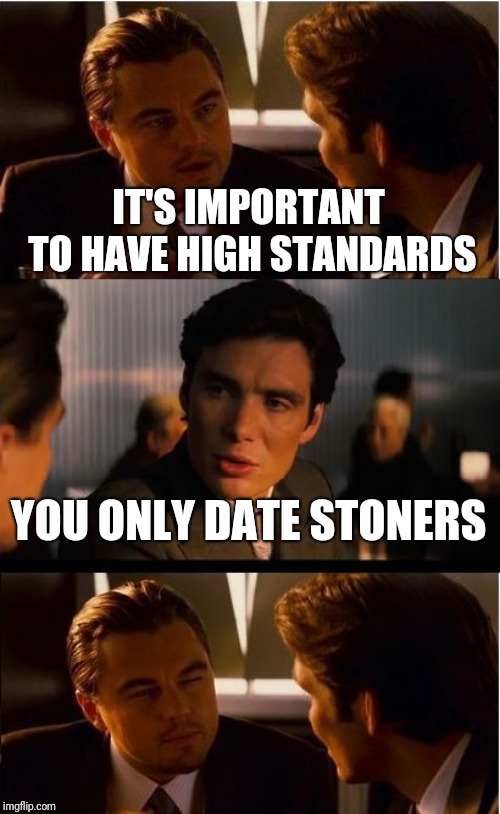 What's your point? | IT'S IMPORTANT TO HAVE HIGH STANDARDS; YOU ONLY DATE STONERS | image tagged in memes,inception | made w/ Imgflip meme maker