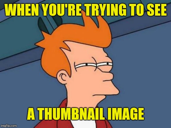 Futurama Fry Meme | WHEN YOU'RE TRYING TO SEE A THUMBNAIL IMAGE | image tagged in memes,futurama fry | made w/ Imgflip meme maker