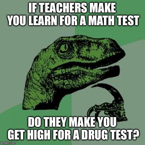 Philosoraptor Meme | IF TEACHERS MAKE YOU LEARN FOR A MATH TEST; DO THEY MAKE YOU GET HIGH FOR A DRUG TEST? | image tagged in memes,philosoraptor | made w/ Imgflip meme maker