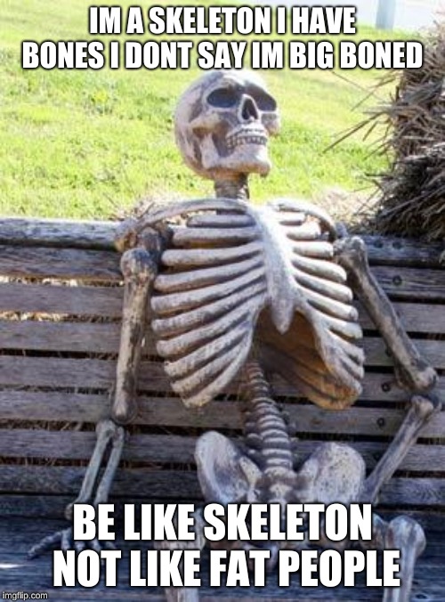 Waiting Skeleton | IM A SKELETON I HAVE BONES I DONT SAY IM BIG BONED; BE LIKE SKELETON NOT LIKE FAT PEOPLE | image tagged in memes,waiting skeleton | made w/ Imgflip meme maker