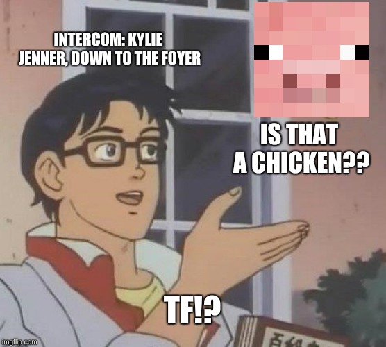 Is This A Pigeon Meme | INTERCOM: KYLIE JENNER, DOWN TO THE FOYER; IS THAT A CHICKEN?? TF!? | image tagged in memes,is this a pigeon | made w/ Imgflip meme maker
