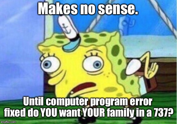 Mocking Spongebob Meme | Makes no sense. Until computer program error fixed do YOU want YOUR family in a 737? | image tagged in memes,mocking spongebob | made w/ Imgflip meme maker