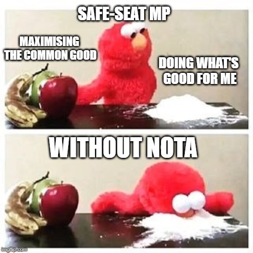 elmo cocaine | SAFE-SEAT MP; MAXIMISING THE COMMON GOOD; DOING WHAT'S GOOD FOR ME; WITHOUT NOTA | image tagged in elmo cocaine | made w/ Imgflip meme maker