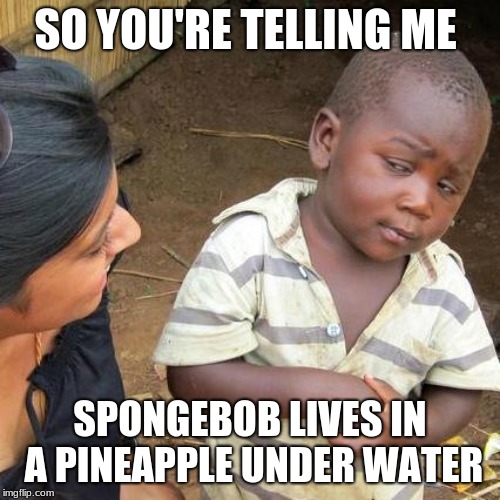 Third World Skeptical Kid | SO YOU'RE TELLING
ME; SPONGEBOB LIVES IN A PINEAPPLE UNDER WATER | image tagged in memes,third world skeptical kid | made w/ Imgflip meme maker