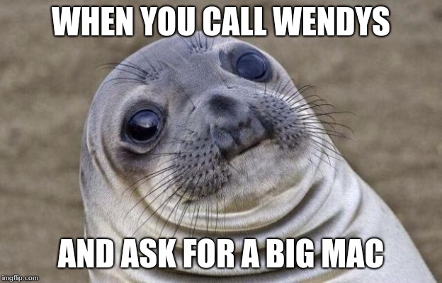 Awkward Moment Sealion | WHEN YOU CALL WENDYS; AND ASK FOR A BIG MAC | image tagged in memes,awkward moment sealion | made w/ Imgflip meme maker