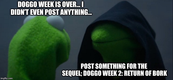 Evil Kermit Meme | DOGGO WEEK IS OVER... I DIDN’T EVEN POST ANYTHING... POST SOMETHING FOR THE SEQUEL; DOGGO WEEK 2: RETURN OF BORK | image tagged in memes,evil kermit | made w/ Imgflip meme maker