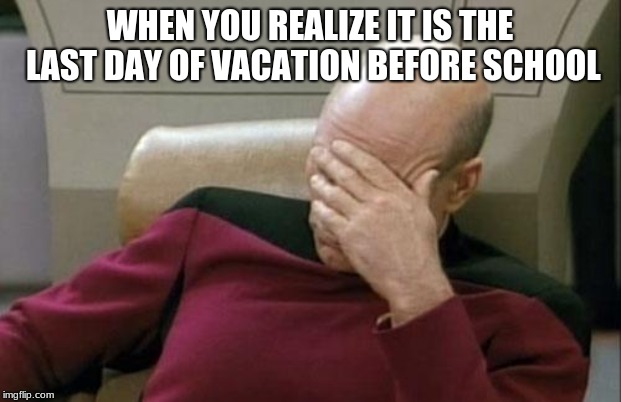 Captain Picard Facepalm | WHEN YOU REALIZE IT IS THE LAST DAY OF VACATION BEFORE SCHOOL | image tagged in memes,captain picard facepalm | made w/ Imgflip meme maker