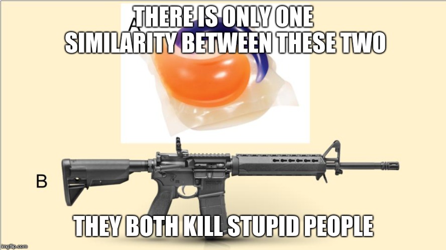 Tide Pod vs AR15 | THERE IS ONLY ONE SIMILARITY BETWEEN THESE TWO; THEY BOTH KILL STUPID PEOPLE | image tagged in tide pod vs ar15 | made w/ Imgflip meme maker