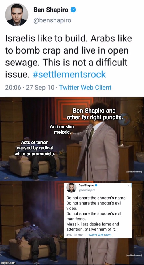 Standing in solidarity with the people of New Zealand. | Ben Shapiro and other far right pundits. Anti muslim rhetoric. Acts of terror caused by radical white supremacists. | image tagged in new zealand,ben shapiro,islamophobia,white supremacy | made w/ Imgflip meme maker