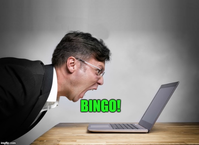 BINGO! | image tagged in yelling at laptop | made w/ Imgflip meme maker