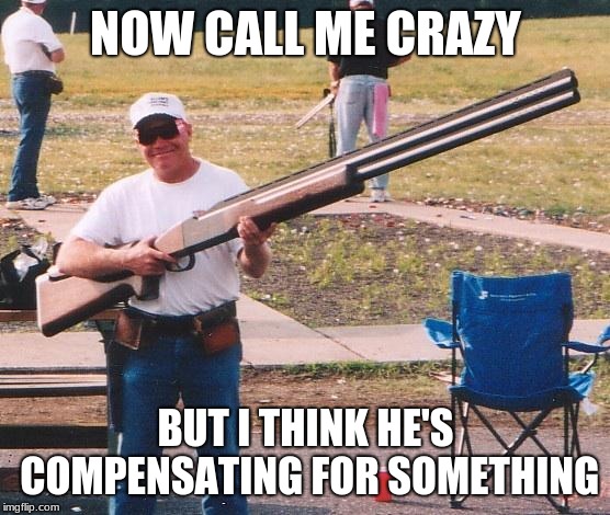 Big gun | NOW CALL ME CRAZY; BUT I THINK HE'S COMPENSATING FOR SOMETHING | image tagged in big gun | made w/ Imgflip meme maker
