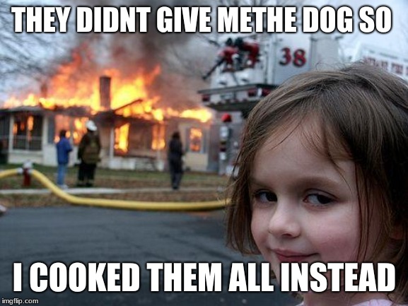 Disaster Girl | THEY DIDNT GIVE METHE DOG SO; I COOKED THEM ALL INSTEAD | image tagged in memes,disaster girl | made w/ Imgflip meme maker