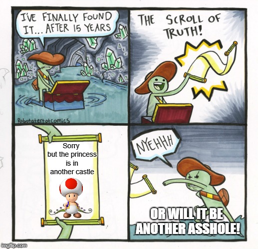 Everybody hates toadstool | Sorry but the princess is in another castle; OR WILL IT BE ANOTHER ASSHOLE! | image tagged in memes,the scroll of truth,princess,super mario | made w/ Imgflip meme maker