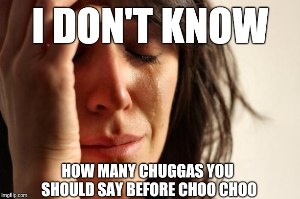 How Many Chuggas Are Acceptable?  | I DON'T KNOW; HOW MANY CHUGGAS YOU SHOULD SAY BEFORE CHOO CHOO | image tagged in memes,first world problems,reality,stupidity,real life | made w/ Imgflip meme maker