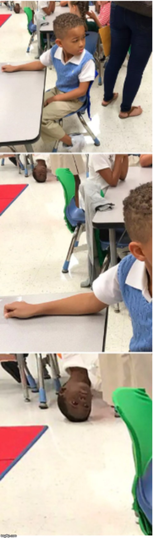 Classroom Kid | image tagged in upside-down,upskirting,student,classroom,standing on head | made w/ Imgflip meme maker