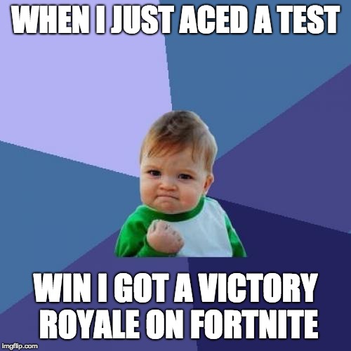 Success Kid Meme | WHEN I JUST ACED A TEST; WIN I GOT A VICTORY ROYALE ON FORTNITE | image tagged in memes,success kid | made w/ Imgflip meme maker