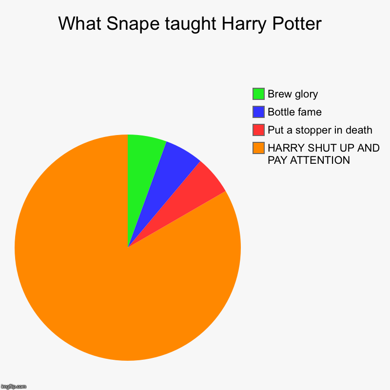 What Snape taught Harry Potter  | HARRY SHUT UP AND PAY ATTENTION , Put a stopper in death , Bottle fame, Brew glory | image tagged in charts,pie charts | made w/ Imgflip chart maker