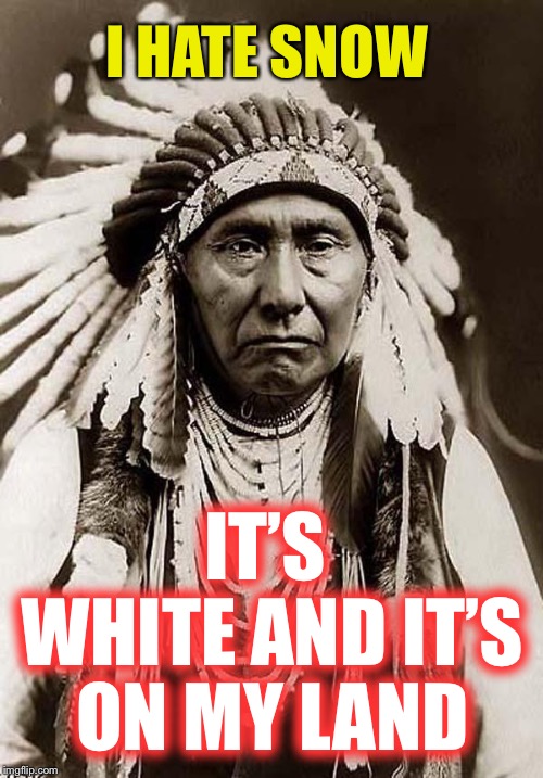 wise old indian chief | I HATE SNOW; IT’S WHITE AND IT’S ON MY LAND | image tagged in wise old indian chief,racist,funny | made w/ Imgflip meme maker