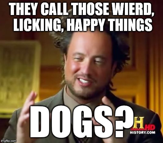 Ancient Dogs | THEY CALL THOSE WIERD, LICKING, HAPPY THINGS; DOGS? | image tagged in memes,ancient aliens,dogs | made w/ Imgflip meme maker