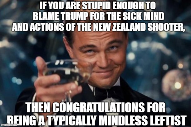 Leonardo Dicaprio Cheers Meme | IF YOU ARE STUPID ENOUGH TO BLAME TRUMP FOR THE SICK MIND AND ACTIONS OF THE NEW ZEALAND SHOOTER, THEN CONGRATULATIONS FOR BEING A TYPICALLY MINDLESS LEFTIST | image tagged in memes,leonardo dicaprio cheers | made w/ Imgflip meme maker