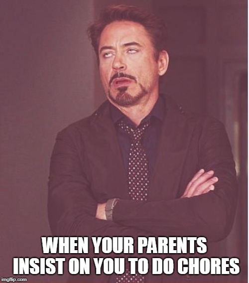Face You Make Robert Downey Jr Meme | WHEN YOUR PARENTS INSIST ON YOU TO DO CHORES | image tagged in memes,face you make robert downey jr | made w/ Imgflip meme maker