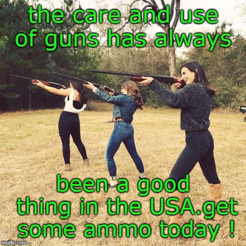 do your part and get some ammo today. before another round of taxes hit. | the care and use of guns has always; been a good thing in the USA.get some ammo today ! | image tagged in women shooting,firearms hobby,whizz bang,memes | made w/ Imgflip meme maker
