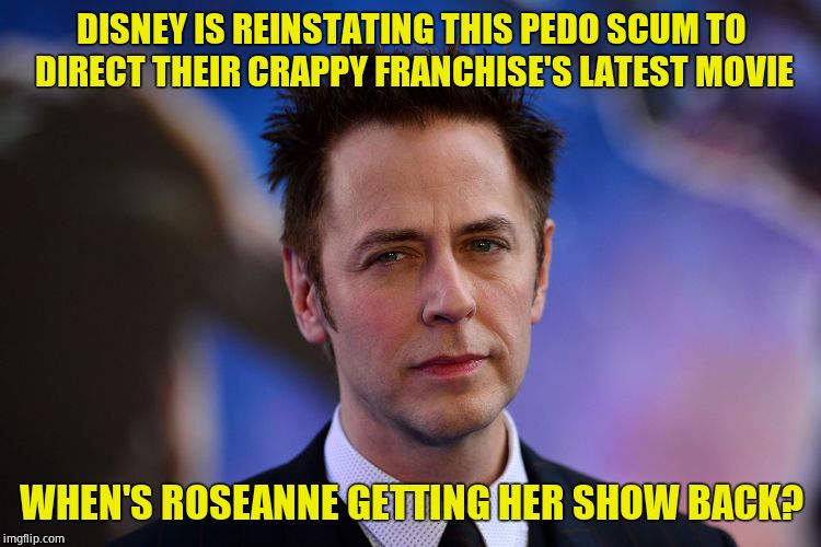 Yeah, way to stand strong Disney. Pathetic. | DISNEY IS REINSTATING THIS PEDO SCUM TO DIRECT THEIR CRAPPY FRANCHISE'S LATEST MOVIE; WHEN'S ROSEANNE GETTING HER SHOW BACK? | image tagged in james gunn,pedophile,scumbag hollywood,hypocrites,liberal hypocrisy | made w/ Imgflip meme maker