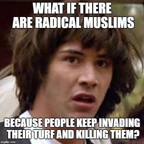 Why not just let them fade into obscurity like Christians? | WHAT IF THERE ARE RADICAL MUSLIMS; BECAUSE PEOPLE KEEP INVADING THEIR TURF AND KILLING THEM? | image tagged in memes,conspiracy keanu | made w/ Imgflip meme maker