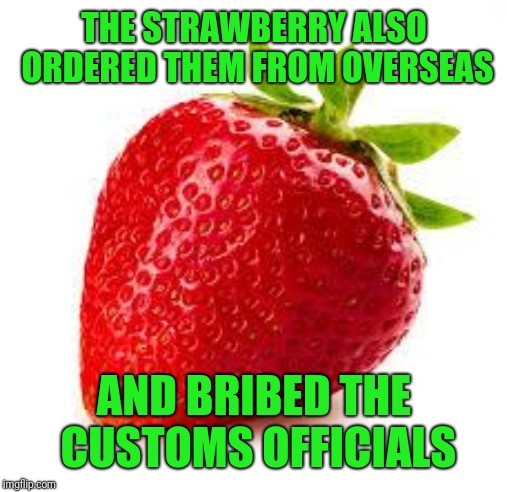 Strawberry | THE STRAWBERRY ALSO ORDERED THEM FROM OVERSEAS AND BRIBED THE CUSTOMS OFFICIALS | image tagged in strawberry | made w/ Imgflip meme maker
