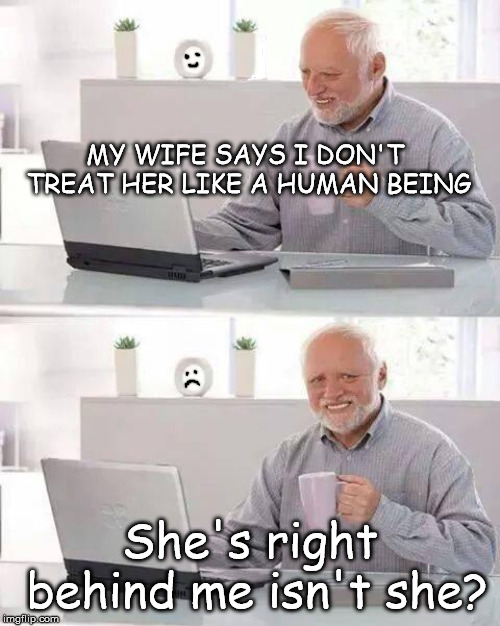 OOppss | MY WIFE SAYS I DON'T TREAT HER LIKE A HUMAN BEING; She's right behind me isn't she? | image tagged in memes,hide the pain harold | made w/ Imgflip meme maker