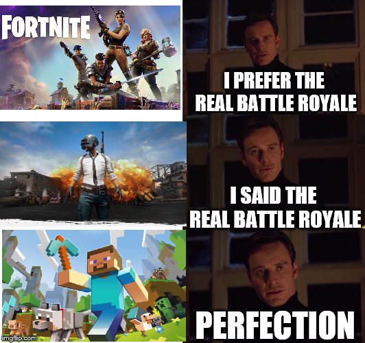 perfection | I PREFER THE REAL BATTLE ROYALE; I SAID THE REAL BATTLE ROYALE; PERFECTION | image tagged in perfection,fortnite,pubg,minecraft | made w/ Imgflip meme maker