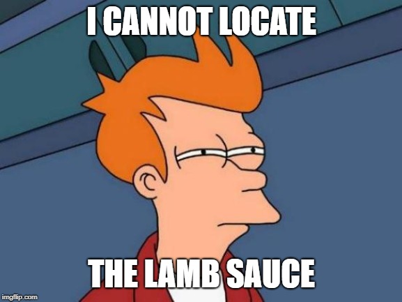 Futurama Fry Meme | I CANNOT LOCATE; THE LAMB SAUCE | image tagged in memes,futurama fry | made w/ Imgflip meme maker