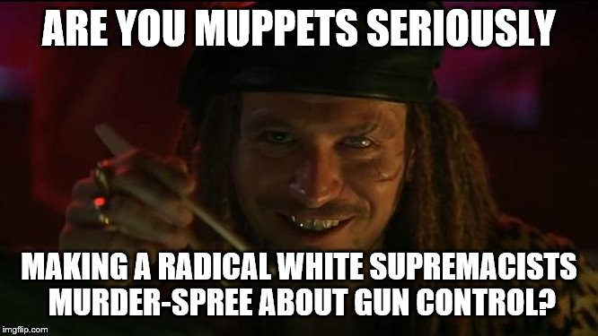 ARE YOU MUPPETS SERIOUSLY MAKING A RADICAL WHITE SUPREMACISTS MURDER-SPREE ABOUT GUN CONTROL? | made w/ Imgflip meme maker