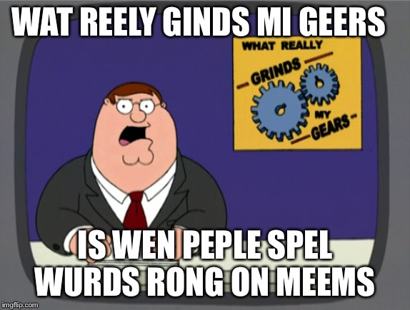 Peter Griffin News Meme | WAT REELY GINDS MI GEERS; IS WEN PEPLE SPEL WURDS RONG ON MEEMS | image tagged in memes,peter griffin news | made w/ Imgflip meme maker