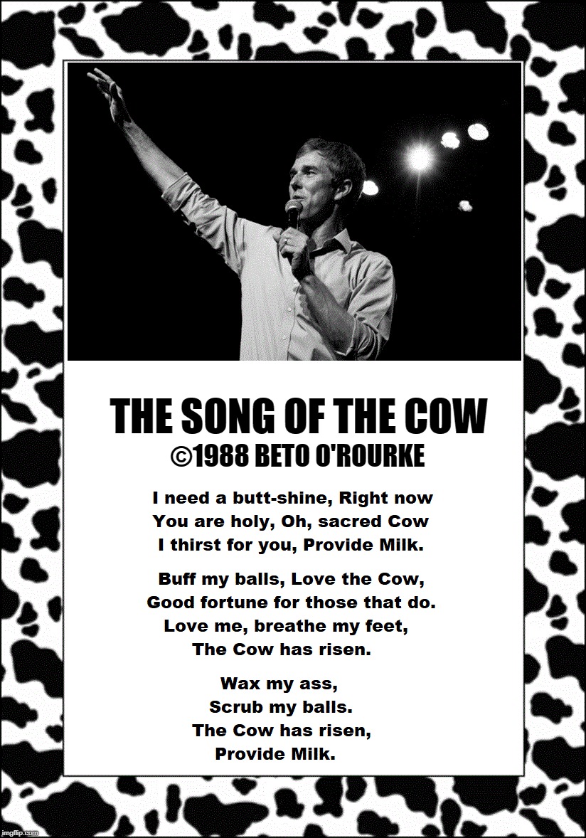 Plunging into the Mind of Beto O'Rourke | THE SONG OF THE COW; ©1988 BETO O'ROURKE | image tagged in vince vance,beto,presidential,robert francis beto o'rourke,wax my ass,scrub my balls | made w/ Imgflip meme maker