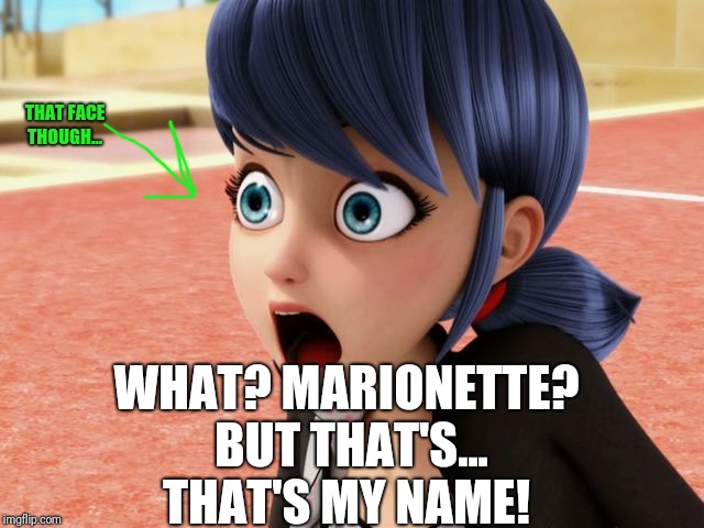 Miraculous Marinette Scared | THAT FACE THOUGH... WHAT? MARIONETTE? BUT THAT'S... THAT'S MY NAME! | image tagged in miraculous marinette scared | made w/ Imgflip meme maker