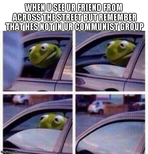 Kermit rolls up window | WHEN U SEE UR FRIEND FROM ACROSS THE STREET BUT REMEMBER THAT HES NOT IN UR COMMUNIST GROUP | image tagged in kermit rolls up window | made w/ Imgflip meme maker