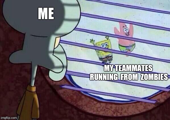 Squidward window | ME; MY TEAMMATES RUNNING  FROM  ZOMBIES | image tagged in squidward window | made w/ Imgflip meme maker