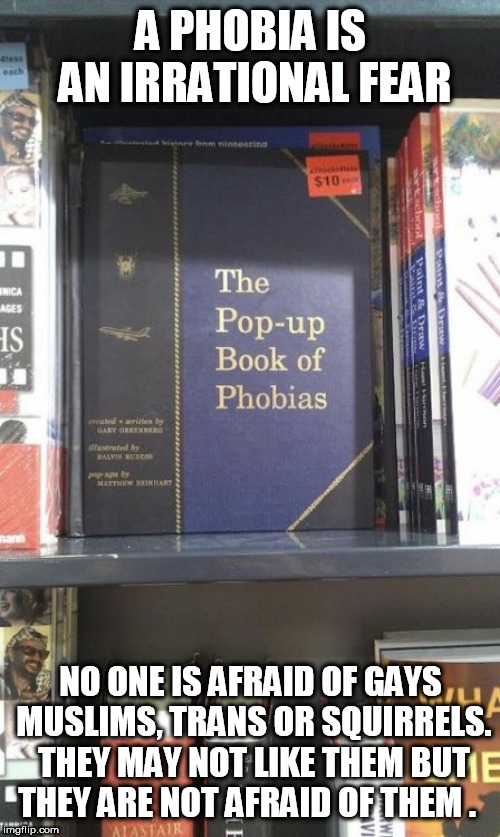 The Pop-Up Book of Phobias | A PHOBIA IS AN IRRATIONAL FEAR; NO ONE IS AFRAID OF GAYS MUSLIMS, TRANS OR SQUIRRELS. THEY MAY NOT LIKE THEM BUT THEY ARE NOT AFRAID OF THEM . | image tagged in the pop-up book of phobias | made w/ Imgflip meme maker