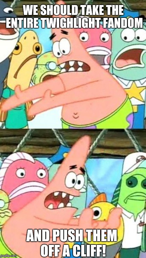 Put It Somewhere Else Patrick Meme | WE SHOULD TAKE THE ENTIRE TWIGHLIGHT FANDOM; AND PUSH THEM OFF A CLIFF! | image tagged in memes,put it somewhere else patrick | made w/ Imgflip meme maker