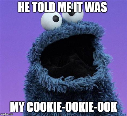 cookie monster | HE TOLD ME IT WAS; MY COOKIE-OOKIE-OOK | image tagged in cookie monster | made w/ Imgflip meme maker