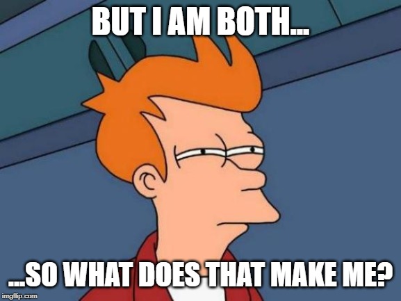 Futurama Fry Meme | BUT I AM BOTH... ...SO WHAT DOES THAT MAKE ME? | image tagged in memes,futurama fry | made w/ Imgflip meme maker