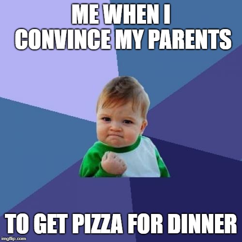Success Kid Meme | ME WHEN I CONVINCE MY PARENTS; TO GET PIZZA FOR DINNER | image tagged in memes,success kid | made w/ Imgflip meme maker