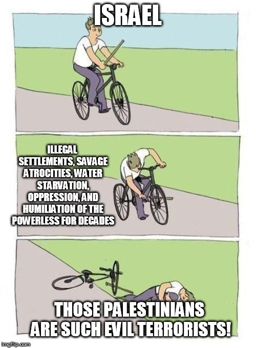 Bike Fall Meme | ISRAEL THOSE PALESTINIANS ARE SUCH EVIL TERRORISTS! ILLEGAL SETTLEMENTS, SAVAGE ATROCITIES, WATER STARVATION, OPPRESSION, AND HUMILIATION OF | image tagged in bicycle | made w/ Imgflip meme maker