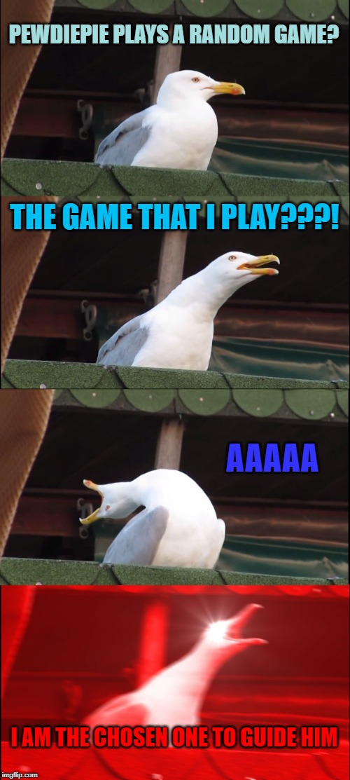 Inhaling Seagull | PEWDIEPIE PLAYS A RANDOM GAME? THE GAME THAT I PLAY???! AAAAA; I AM THE CHOSEN ONE TO GUIDE HIM | image tagged in memes,inhaling seagull | made w/ Imgflip meme maker