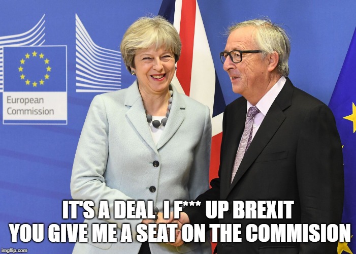 IT'S A DEAL  I F*** UP BREXIT YOU GIVE ME A SEAT ON THE COMMISION | image tagged in may/junker | made w/ Imgflip meme maker