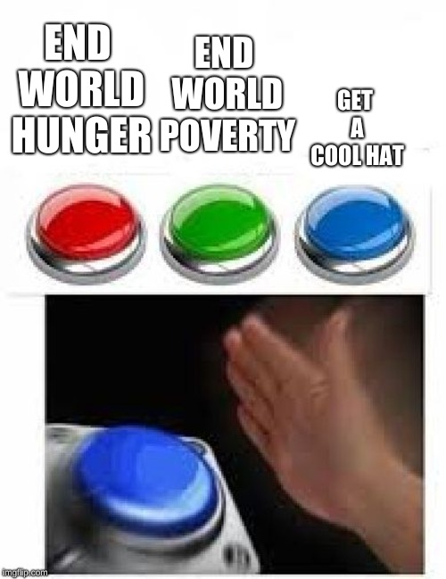 Red Green Blue Buttons | END WORLD POVERTY; GET A COOL HAT; END WORLD HUNGER | image tagged in red green blue buttons | made w/ Imgflip meme maker