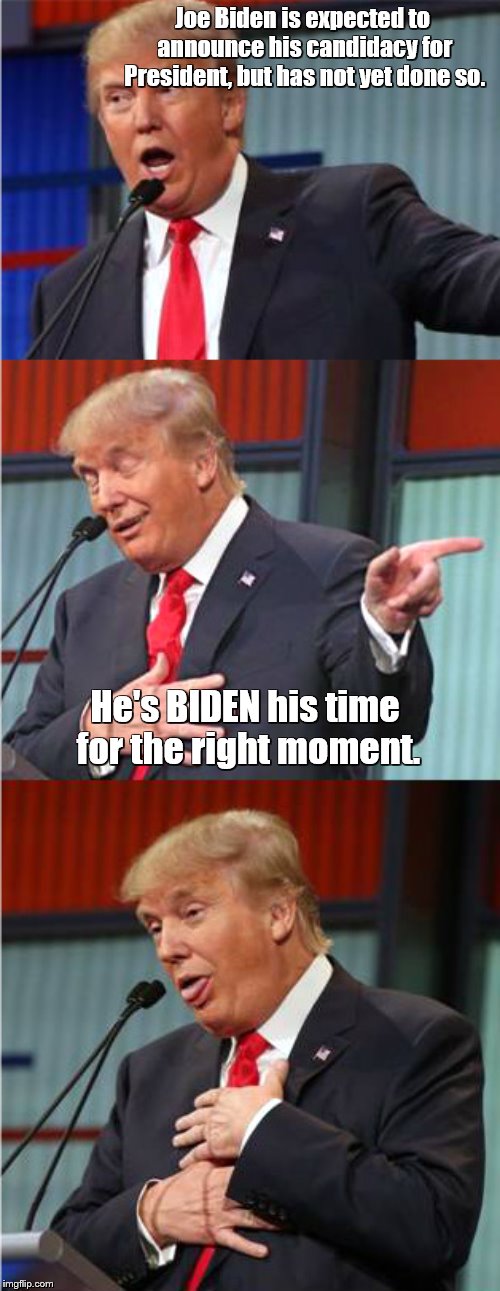 Bad Pun Trump | Joe Biden is expected to announce his candidacy for President, but has not yet done so. He's BIDEN his time for the right moment. | image tagged in bad pun trump,donald trump,joe biden,presidential candidates,bad puns,fishing for upvotes | made w/ Imgflip meme maker